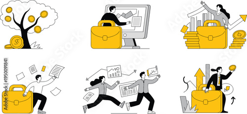 Business finance investment illustration set, financial growth strategy, profit increase, analytics, corporate success, startup development concept