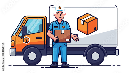 Delivering with a Smile: A friendly delivery person, standing confidently beside their van, offering a parcel, embodying reliability and efficient service.