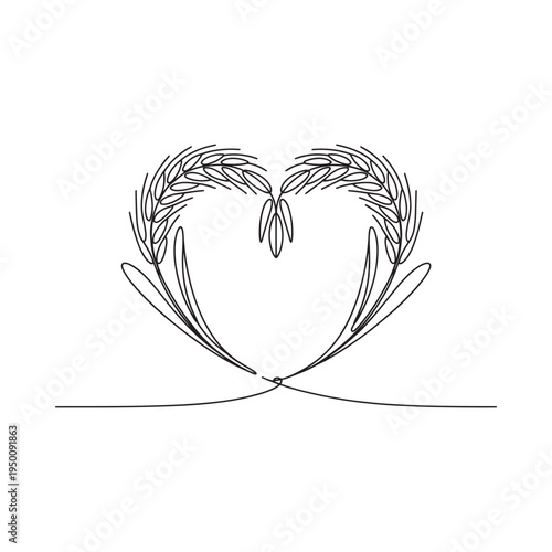 A delicate continuous line drawing depicts a heart shape framed by wheat stalks symbolizing love and agriculture