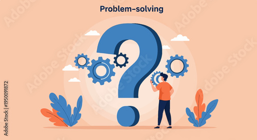 Person interacts with question mark and gears, illustrating problem-solving concept