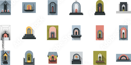 Stylized flat icons of varied architectural archways, each with unique color palettes