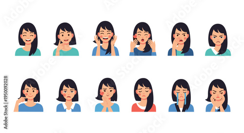 Young woman showing various facial expressions and emotions including happiness, anger, sadness, and surprise in a grid layout.
