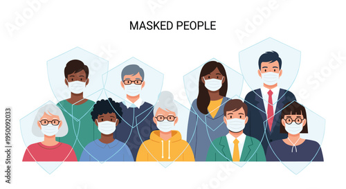 Group of diverse people wearing protective face masks with blue shield icons symbolizing health safety and virus prevention.