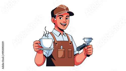 Barista's Brew: A cheerful barista, holding a steaming cup of coffee and a portafilter, smiles invitingly, showcasing the art of coffee preparation and customer service.