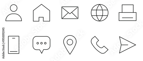 Universal UI Navigation and Communication Line Icon Set including User Profile, Home, Envelope, Global Web, and Location Pin with Editable Stroke