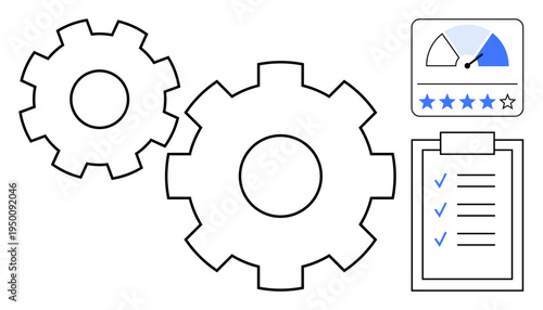 Process optimization concept. Process gears efficiency and teamwork. Process optimization illustrated with performance metrics, ratings, and checklist elements. For business, productivity