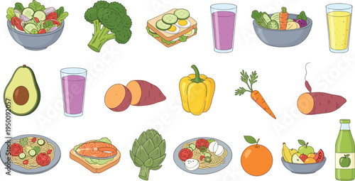 Healthy food and vegetables vector collection including salad, broccoli, avocado, smoothies, fruits and nutritious meals cartoon illustration set