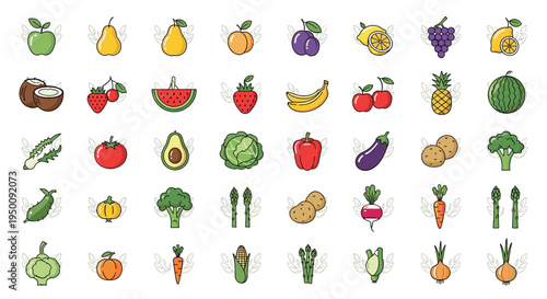 Large collection of colorful fruit and vegetable icons including apples, berries, greens, and root vegetables on a white background.