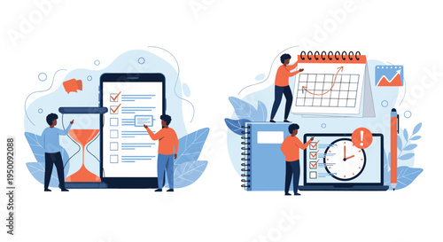 People managing their schedules and tasks using oversized digital devices like smartphones and laptops with clocks and calendars.