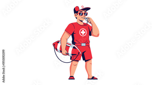 Lifeguard on Duty: A vigilant lifeguard in classic red attire stands ready, whistle in hand, embodying safety and preparedness. A lifebuoy hangs casually over his shoulder.