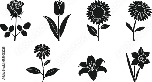 Black silhouette collection of eight different flowers including rose tulip sunflower daisy lily and daffodil