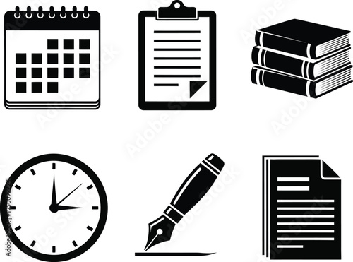 Black of calendar clipboard books clock fountain pen and document calendar clipboard books clock fountain pen document black and white