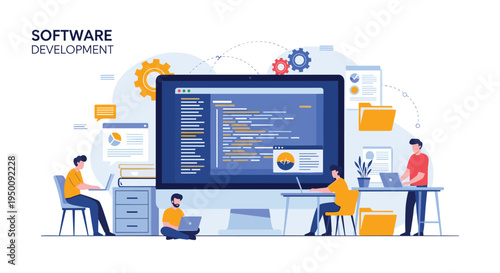 Team of developers and designers collaborating on a software development project using laptops and a large computer screen.