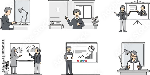 Business meeting, presentation, and individual work scenarios depicted in a simple, modern illustration style