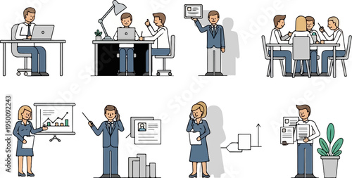 Office team collaboration, presentations, and individual work tasks