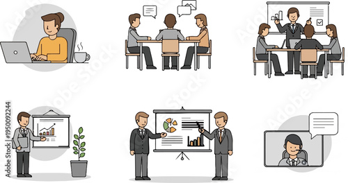 Business meeting scenes individual work, group discussion, presentations, and online call
