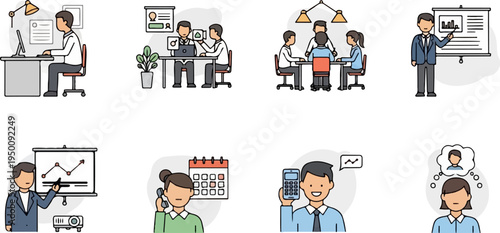 Business icons depicting teamwork, presentations, and individual tasks