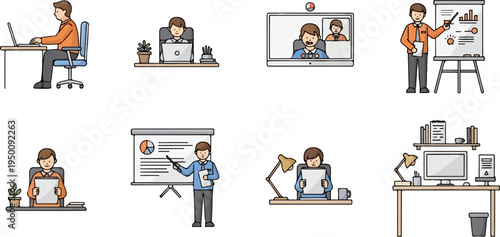 Office scenes individuals working at desks, presenting, and in a video call