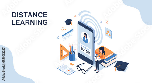 Student studying online with a giant smartphone acting as a tutor along with books, graduation caps, and school supplies.