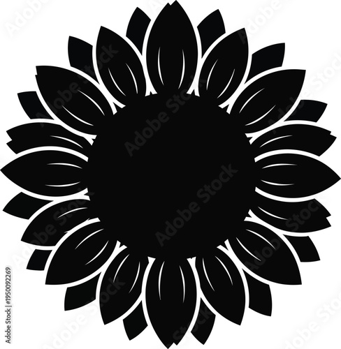 Black silhouette of a sunflower with detailed petals on a white background