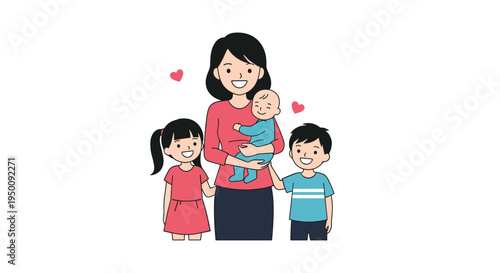 Happy mother smiling while holding her baby and standing with her two young children on a plain white background.