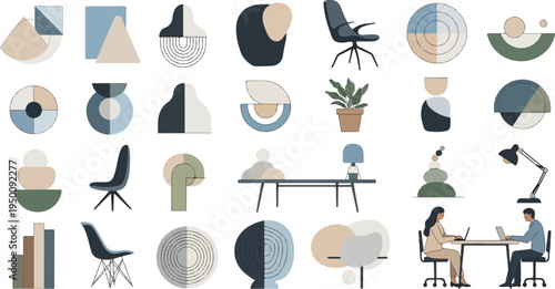 A collection of minimalist abstract shapes and office items in muted tones