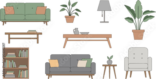 A collection of minimalistic furniture and potted plants