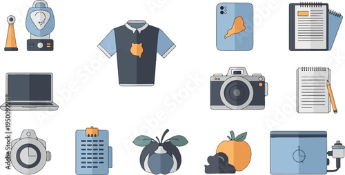 A collection of icons depicting a laptop, shirt, camera, and fruit