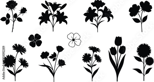 Collection of black floral silhouettes including roses lilies tulips and daisies on white background