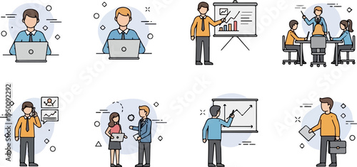 Business meeting icons presentations, collaboration, and individual work