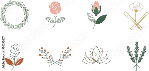Collection of eight botanical and floral with muted colors leaf