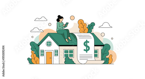 Woman sitting on a house roof while using a smartphone next to a giant paper bill showing a dollar sign for financial debt.