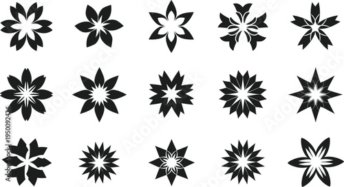Collection of fifteen black starburst and floral silhouette on white background starburst floral flower silhouette