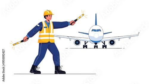 Air Traffic Controller Guiding Aircraft: An air traffic controller, dressed in professional attire, signals to direct the safe landing of a plane, with focused attention.