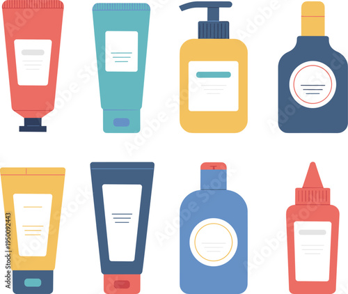 Cosmetic packaging collection set, skincare bottles tubes lotion shampoo beauty product container flat illustration