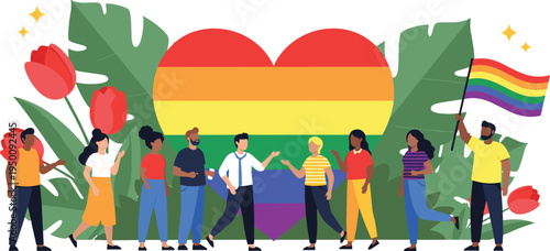 LGBTQ pride community with rainbow heart flag diverse people equality love and inclusion vector illustration