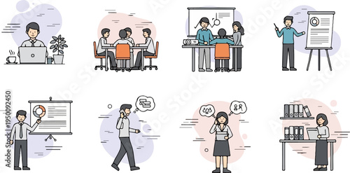 Business professionals in various work scenarios, including meetings and individual tasks