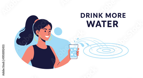 Happy woman with a ponytail holding a glass of water for health and hydration awareness with the text drink more water.