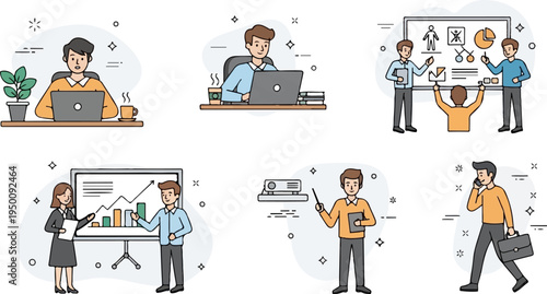 Business professionals collaborating, presenting, and working on projects