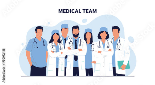 Group of diverse doctors and nurses wearing scrubs and white coats with stethoscopes as a professional medical team.