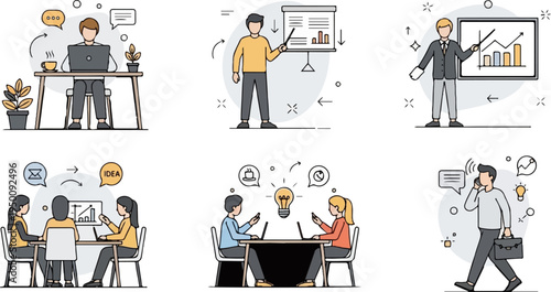 Business team collaboration, presenting ideas, and individual work