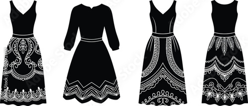 Four black dresses with white ornamental patterns on skirts and hemlines