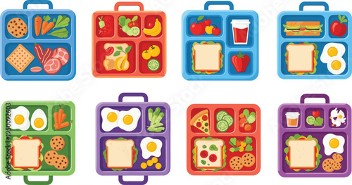 School lunchbox meals set with sandwiches fruits vegetables cookies and healthy kids food vector illustration