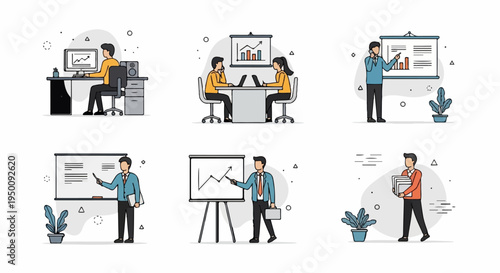 Diverse business scenarios depicted with flat design figures and charts