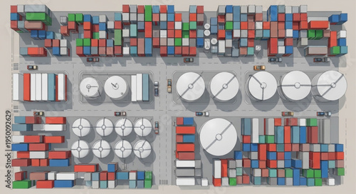 Aerial View of a Shipping Port with Containers and Storage Tanks.