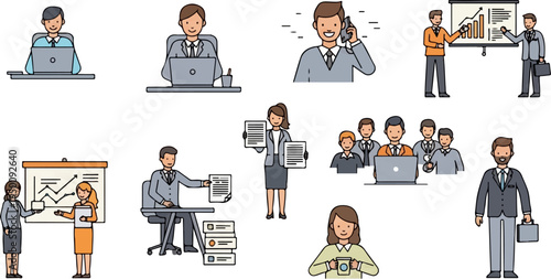 Diverse business professionals engaged in work activities, meetings, and presentations