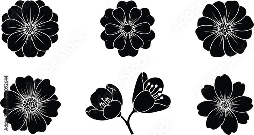 Six black silhouette floral on white background flower