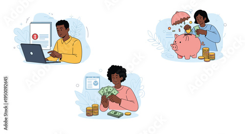 People performing financial tasks like banking online, counting cash, and putting money into a piggy bank for savings.