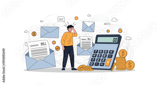 Stressed man standing among floating envelopes and bills next to a giant calculator and stacks of gold coins for debt calculation.