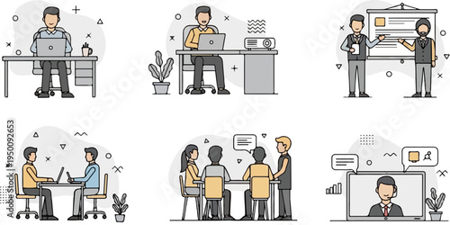 Diverse business scenarios featuring people in office, meetings, and online communication
